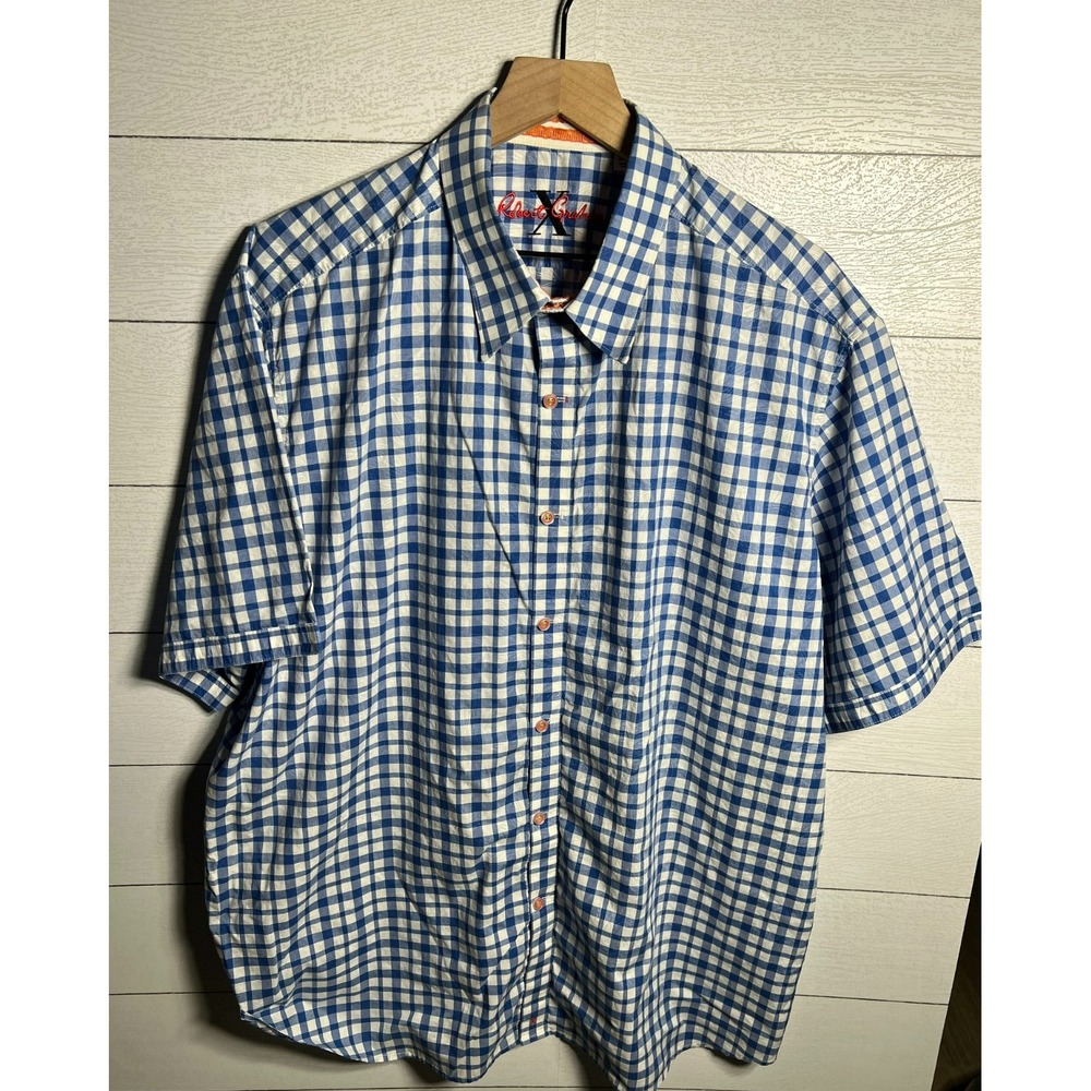 Robert Graham X Mens Size 2XL Blue Gingham Short Sleeve Button Up Shirt Orange